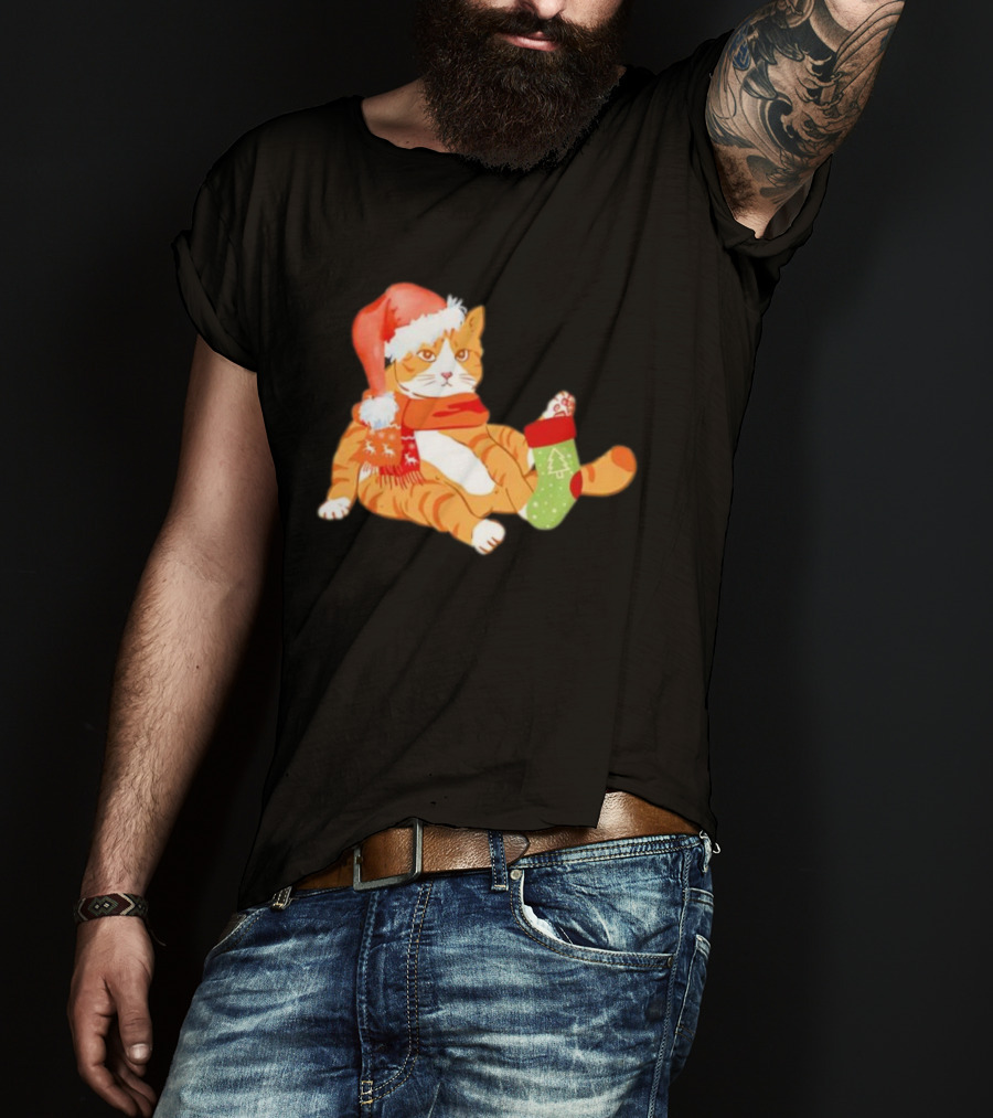 Cute Christmas Orange Cat Santa Hat Festive Stocking T-Shirt