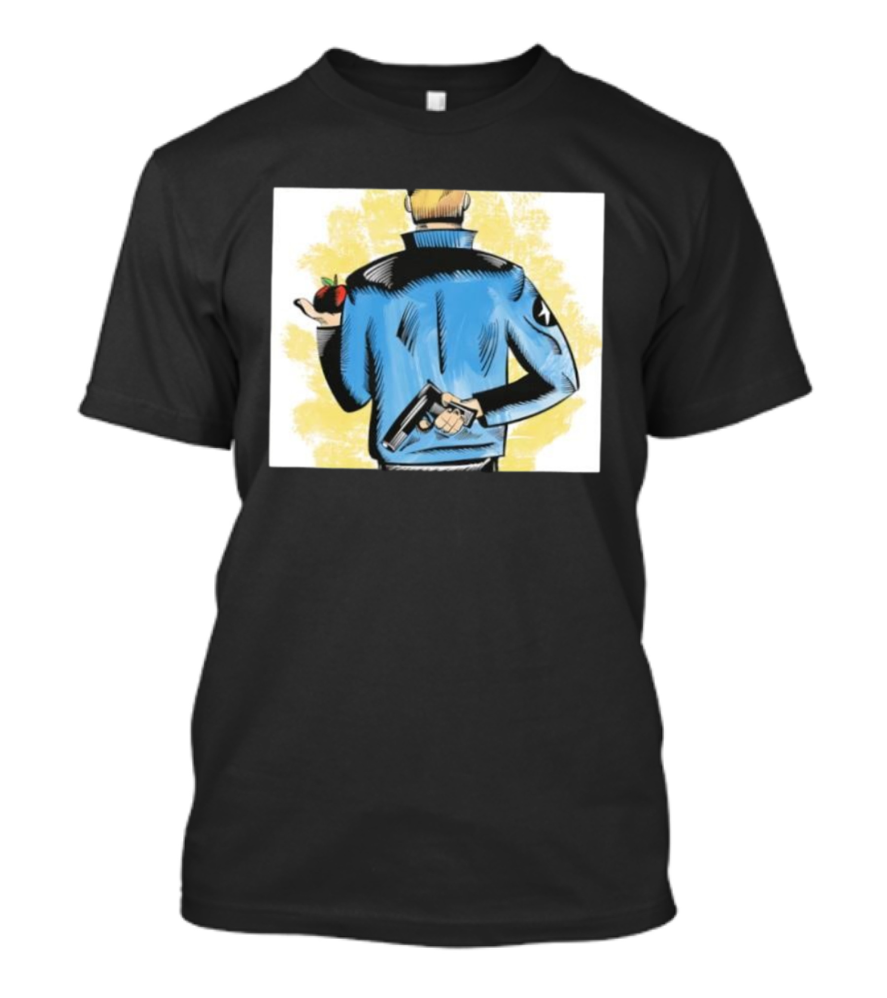 Deny Defend Depose Stylish Jacket Man Holding Gun And Apple T-Shirt