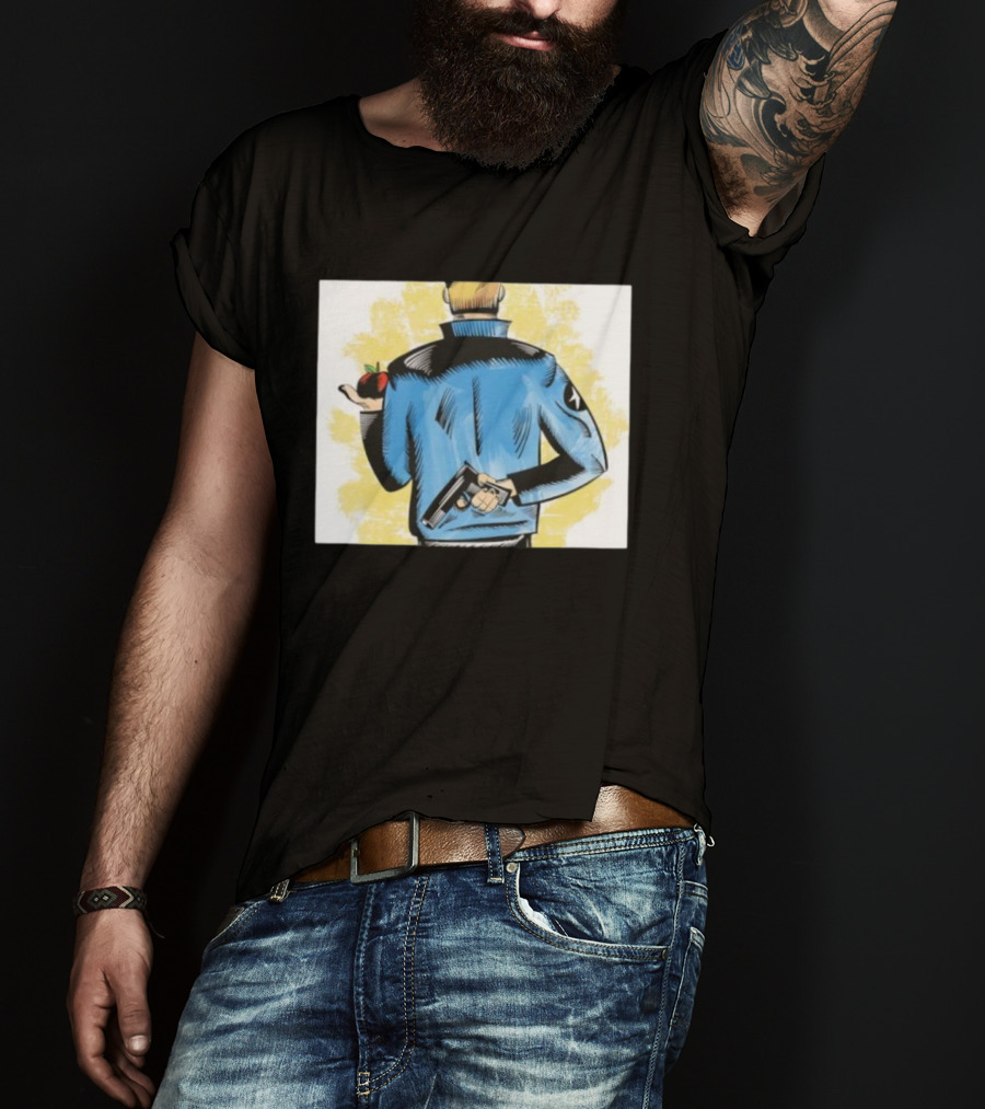 Deny Defend Depose Stylish Jacket Man Holding Gun And Apple T-Shirt