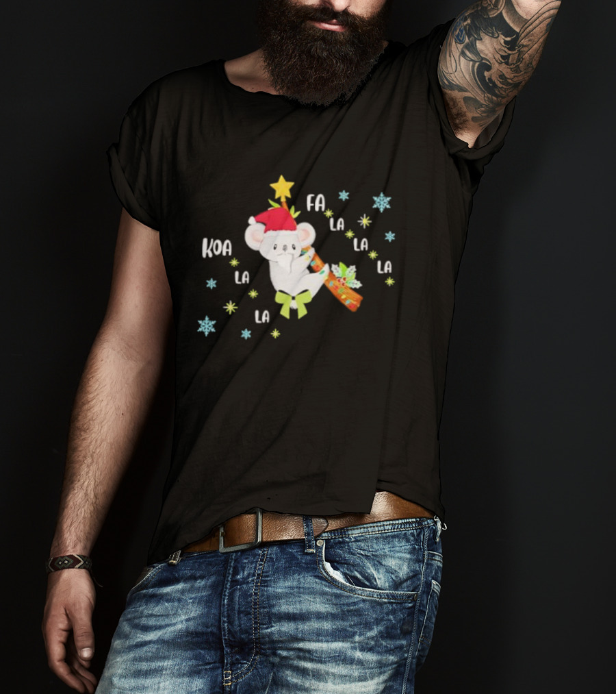 Koala Fa La La La Christmas Stylish Santa Hat And Candy Cane Fun T-Shirt