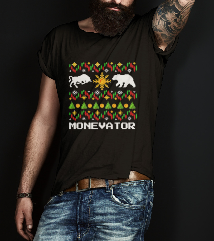 Monevator Buffalo Bear Holiday Pattern Christmas Snowflakes Trees T-Shirt