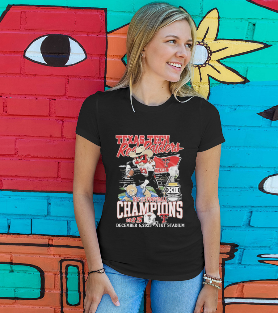 Texas Tech Red Raiders Big 12 Football Champions 2025 Victory Over Brigham Young Cougars December 6 Jones AT&T Stadium T-Shirt