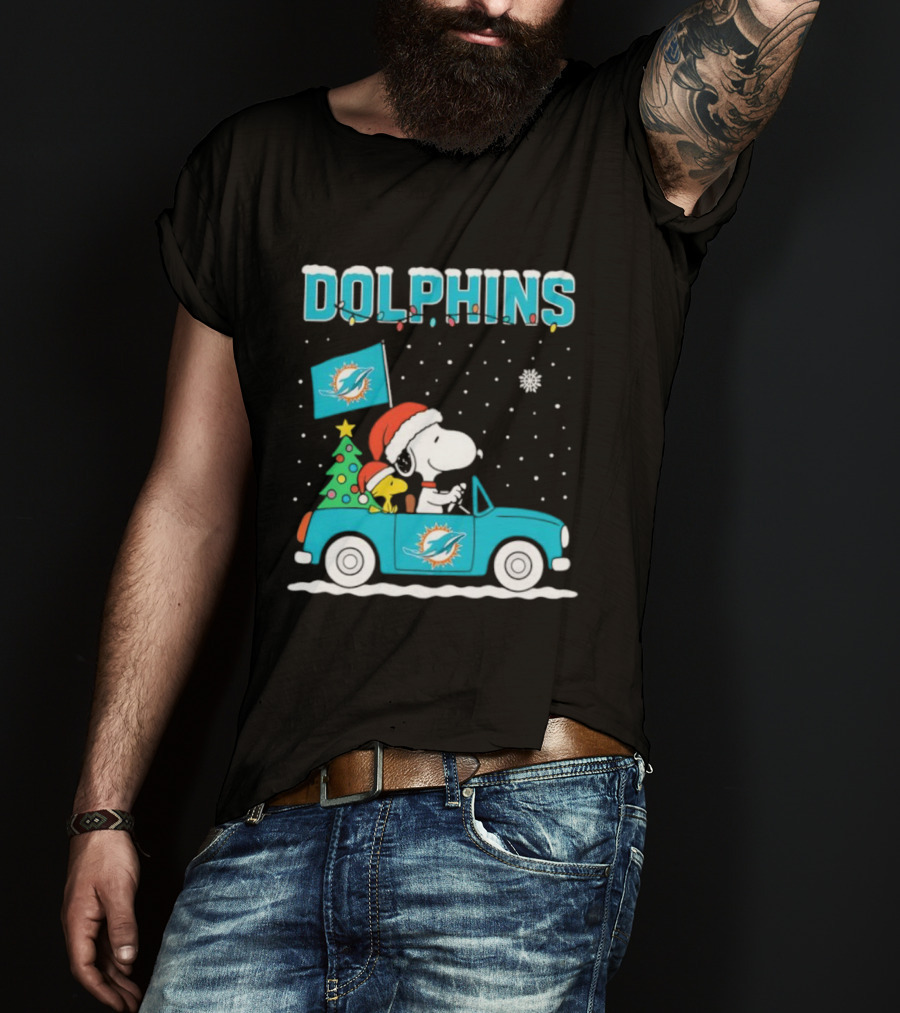 Snoopy WoodStock Santa Christmas Miami Dolphins Car Holiday Scene T-Shirt