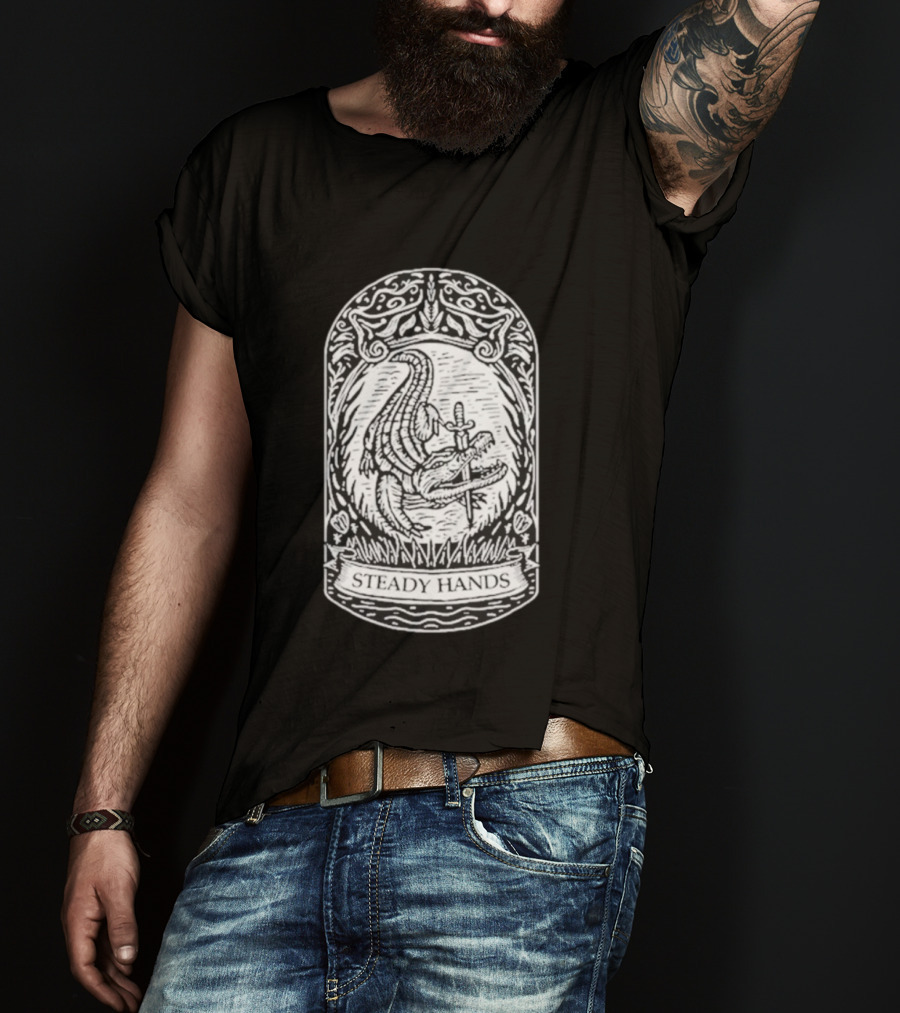 Steady Hands Crocodile Sword Banner T-Shirt