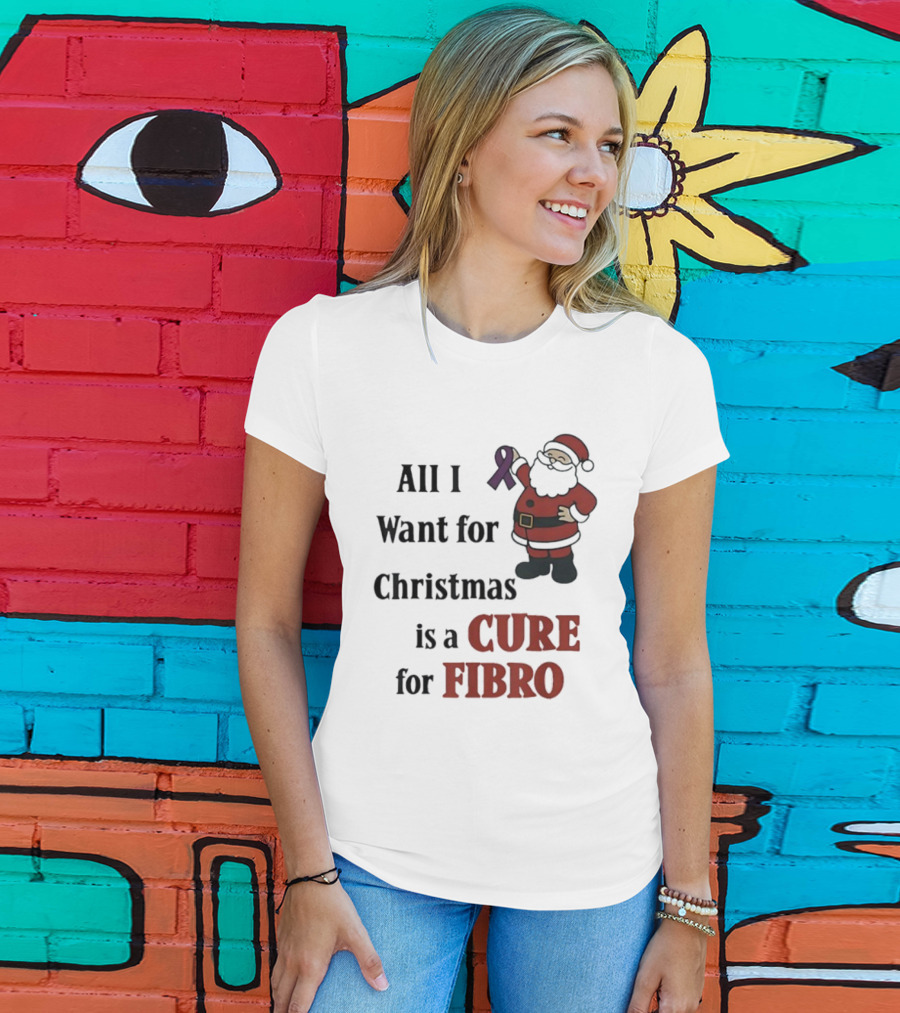 Santa Claus All I Want For Christmas Is A Cure For Fibro Purple Ribbon T-Shirt