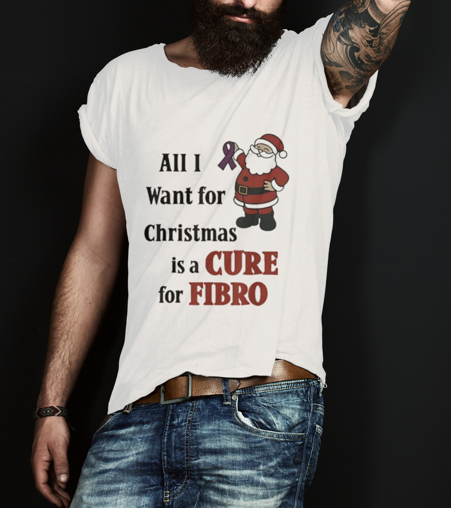 Santa Claus All I Want For Christmas Is A Cure For Fibro Purple Ribbon T-Shirt