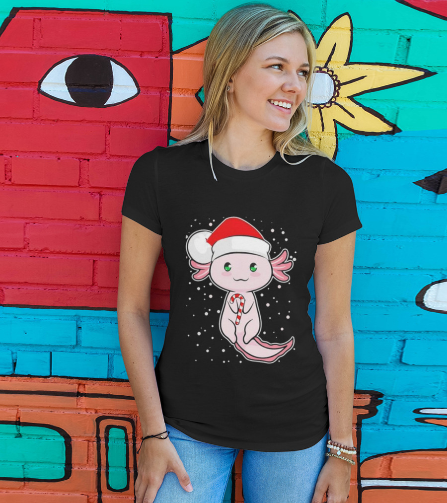 Axolotl Christmas Candy Cane Santa Hat Cute Holiday Snowflakes T-Shirt