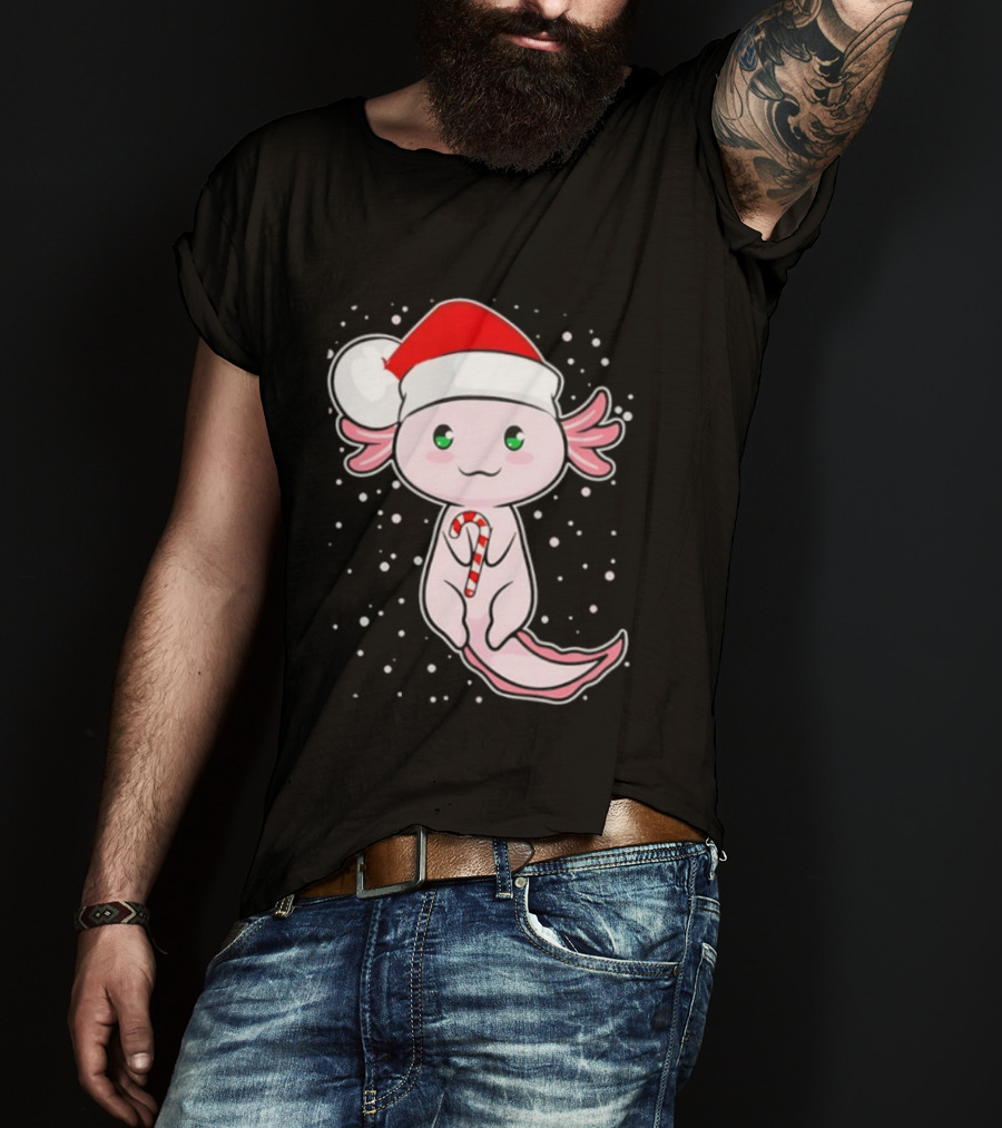 Axolotl Christmas Candy Cane Santa Hat Cute Holiday Snowflakes T-Shirt