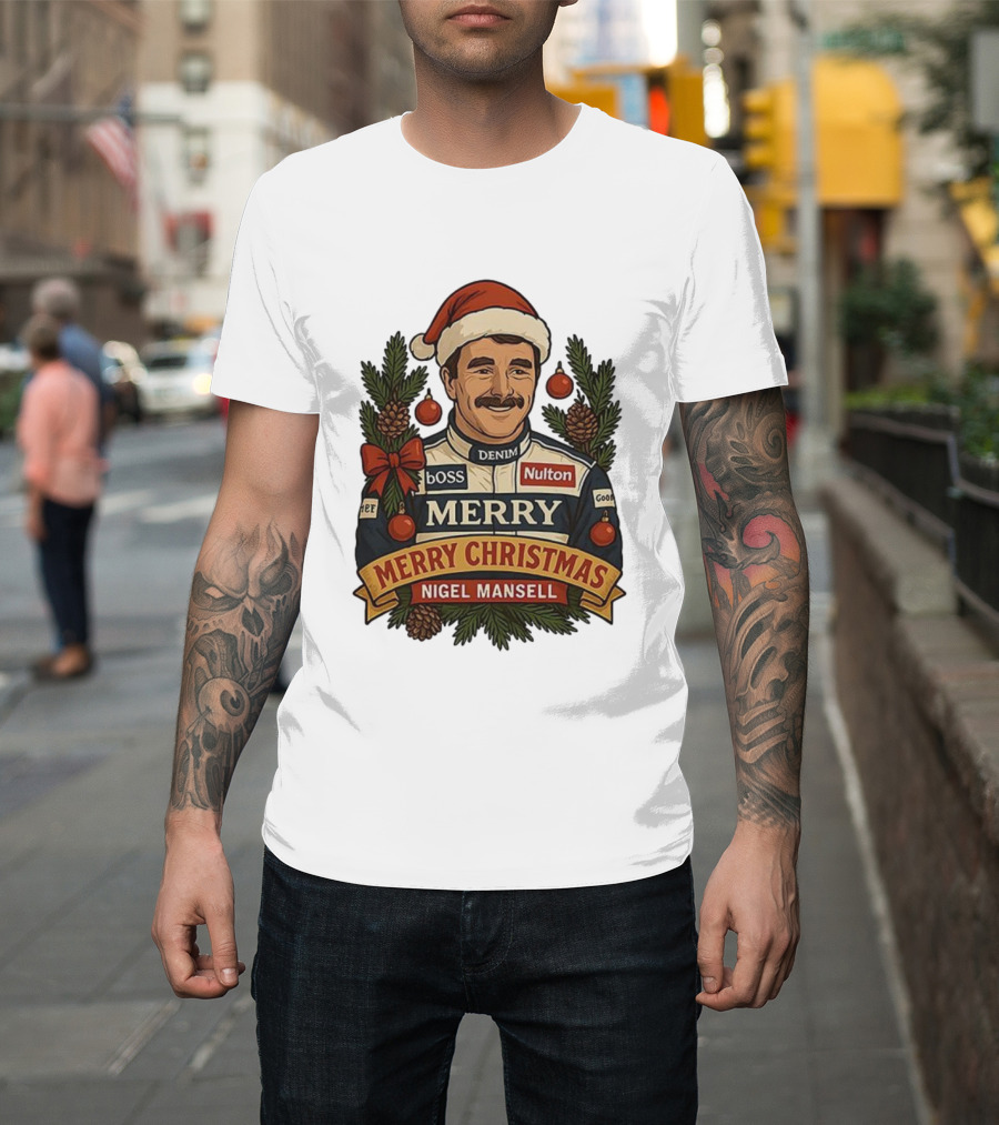 Nigel Mansell Merry Christmas Boss Denim Nulton Goodyear Racing Santa Hat Pinecones T-Shirt