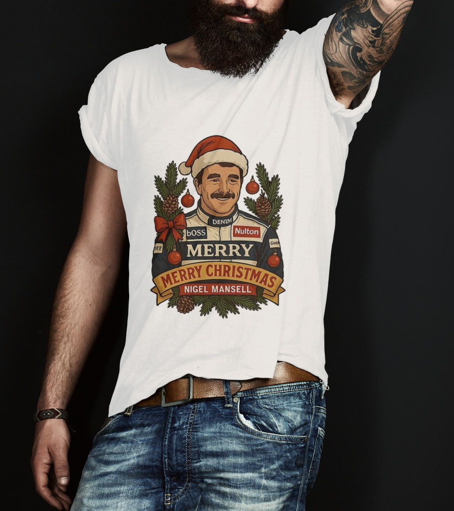 Nigel Mansell Merry Christmas Boss Denim Nulton Goodyear Racing Santa Hat Pinecones T-Shirt