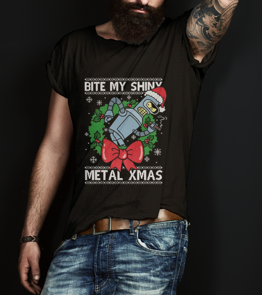 Bite My Shiny Metal Xmas Bender Ugly Christmas T-Shirt
