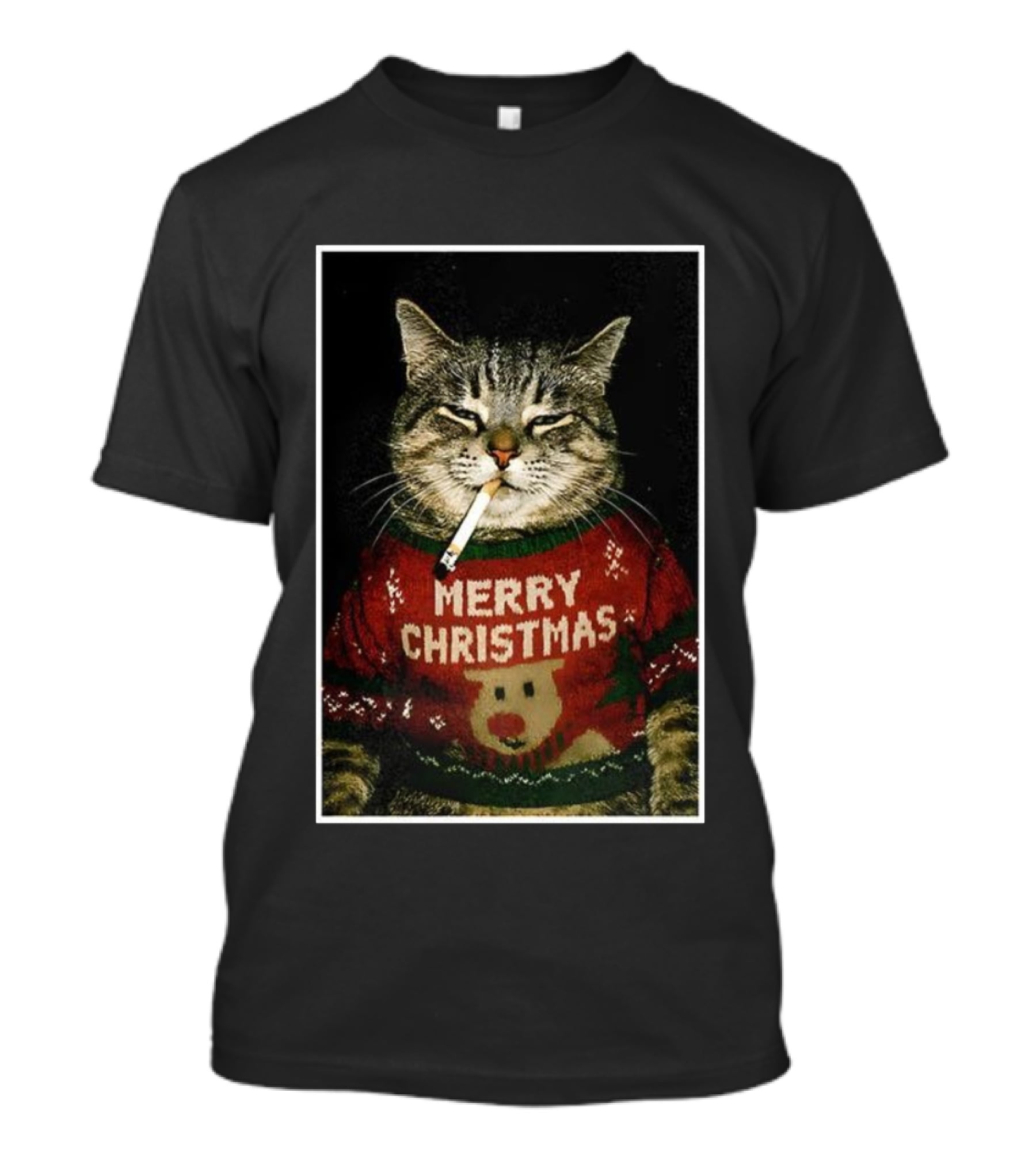 Merry Christmas Smoking Cat Funny Holiday Sweater Meme T-Shirt