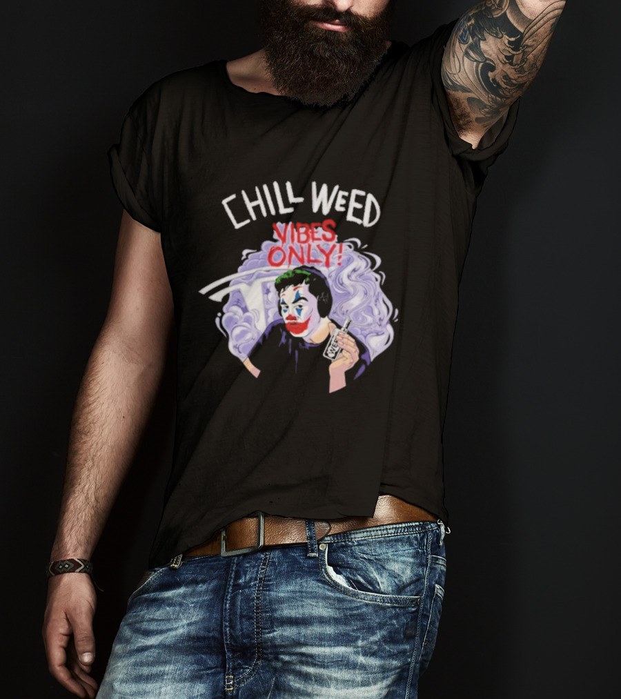 Chill Weed Vibes Only Joker Holding Tesla Symbol Smoke Art T-Shirt