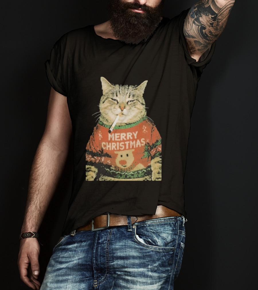 Merry Christmas Cat Sweater Smoking Cat Holiday Bear T-Shirt
