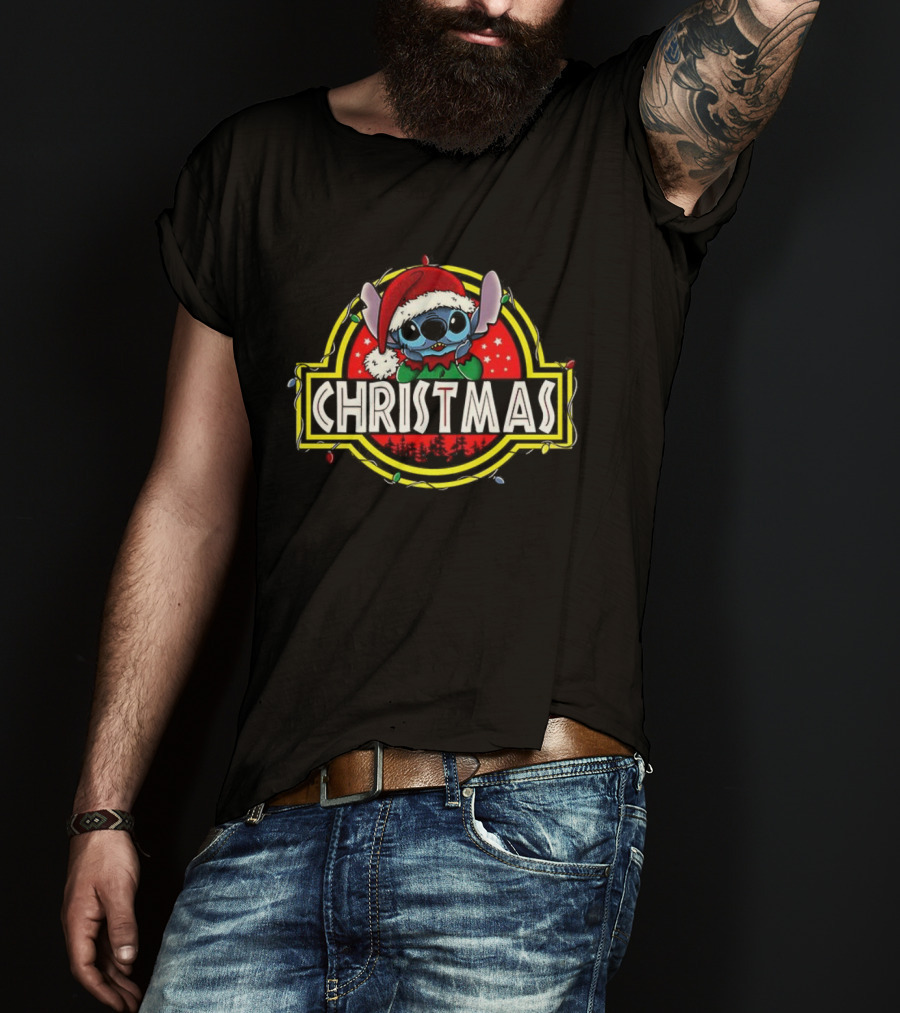 Stitch Santa Hat Ohana Stitchmas Christmas Jurassic Park Theme T-Shirt
