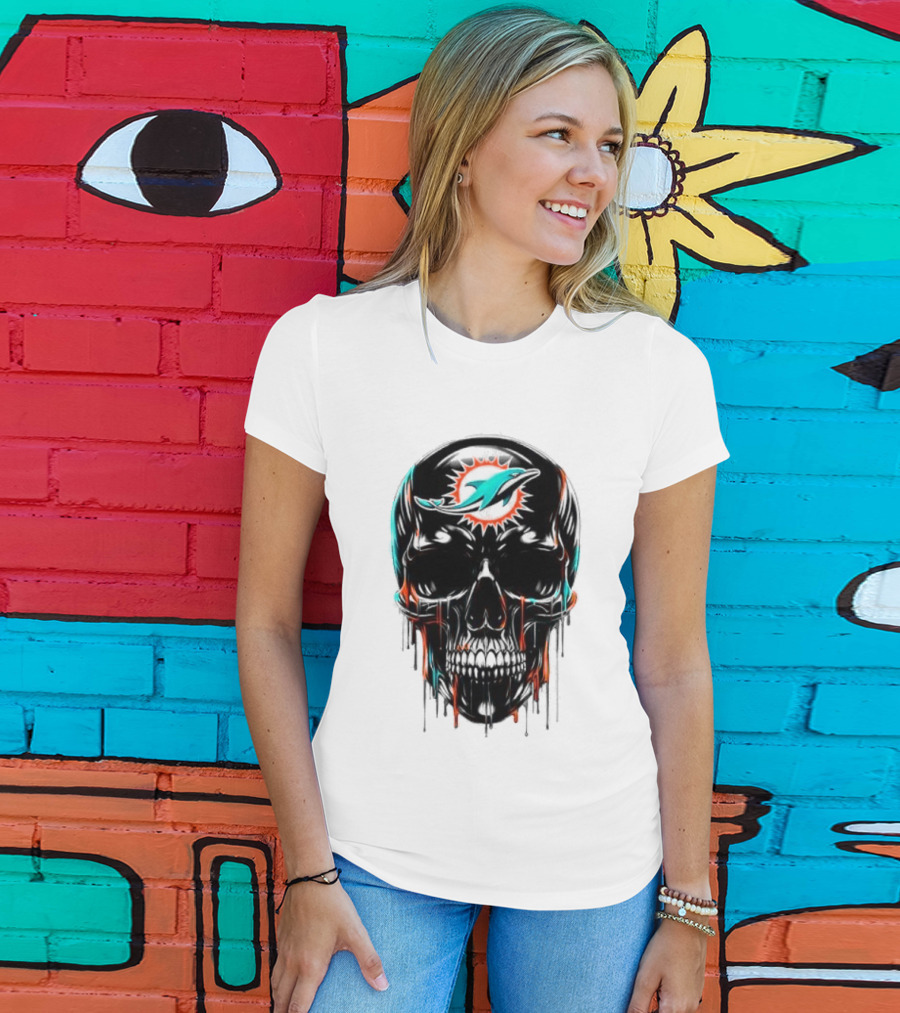 Miami Dolphins Skull Black Art Football Team Skull Fusion T-Shirt