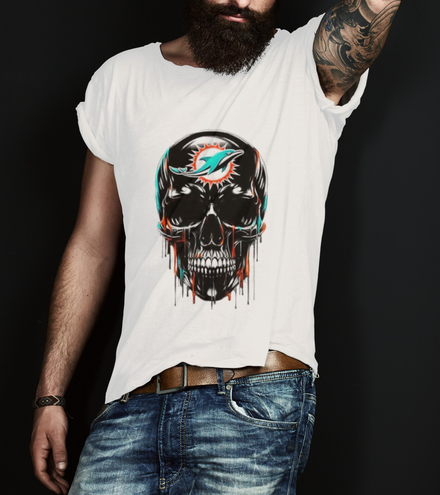 Miami Dolphins Skull Black Art Football Team Skull Fusion T-Shirt