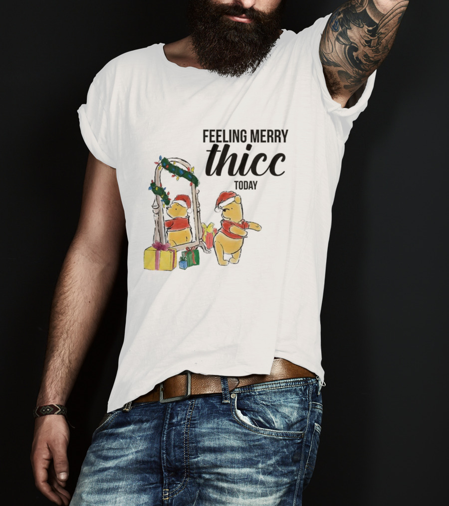 Winnie The Pooh Feeling Merry Thicc Today Christmas Mirror Reflection Holiday Gifts Santa Hat T-Shirt