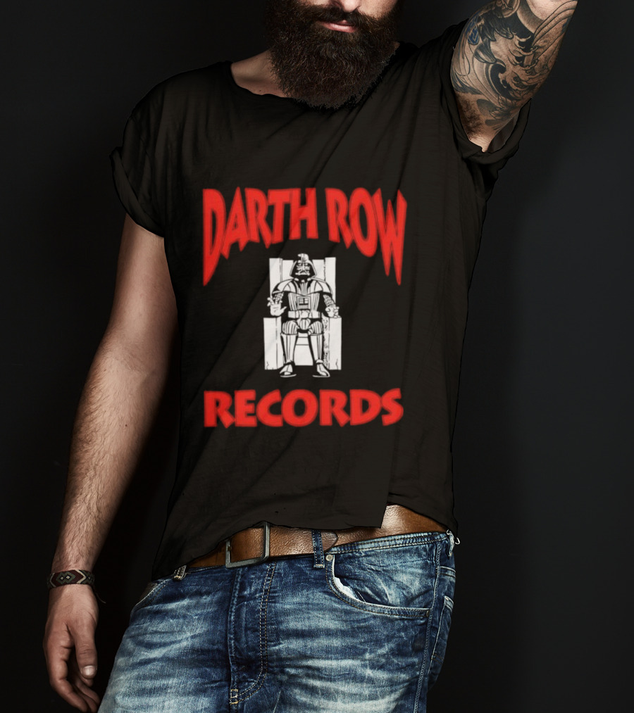 Darth Row Records Sitting Figure Bold Red Text T-Shirt