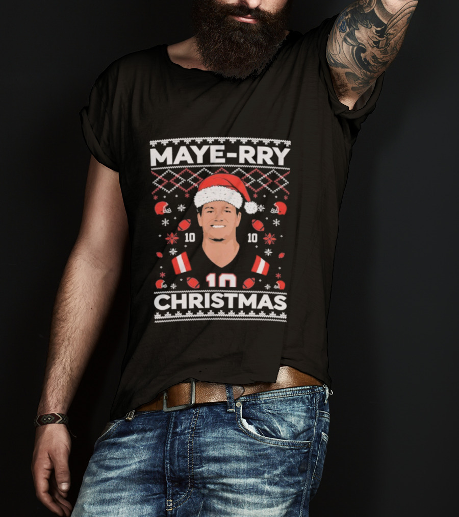 Maye-rry Christmas 10 Football Santa Hat T-Shirt
