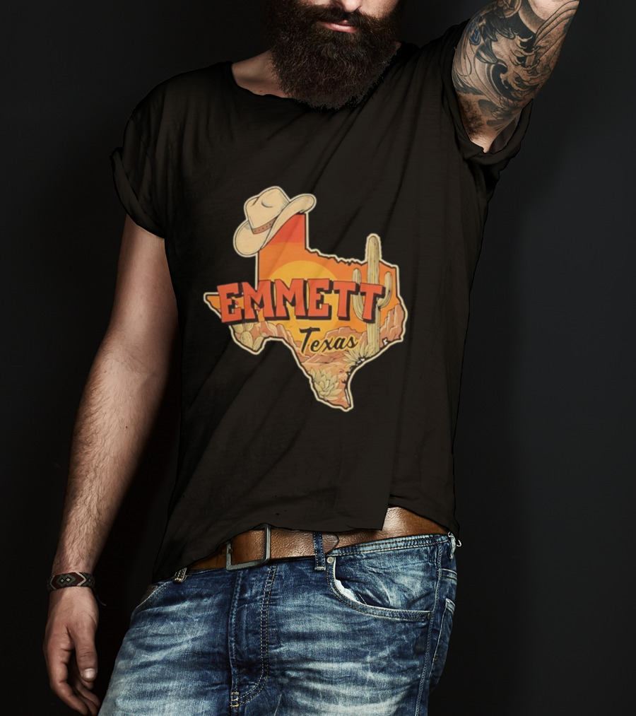 Emmett Texas Cowboy Hat Cactus Sunset Vintage Desert Scene T-Shirt