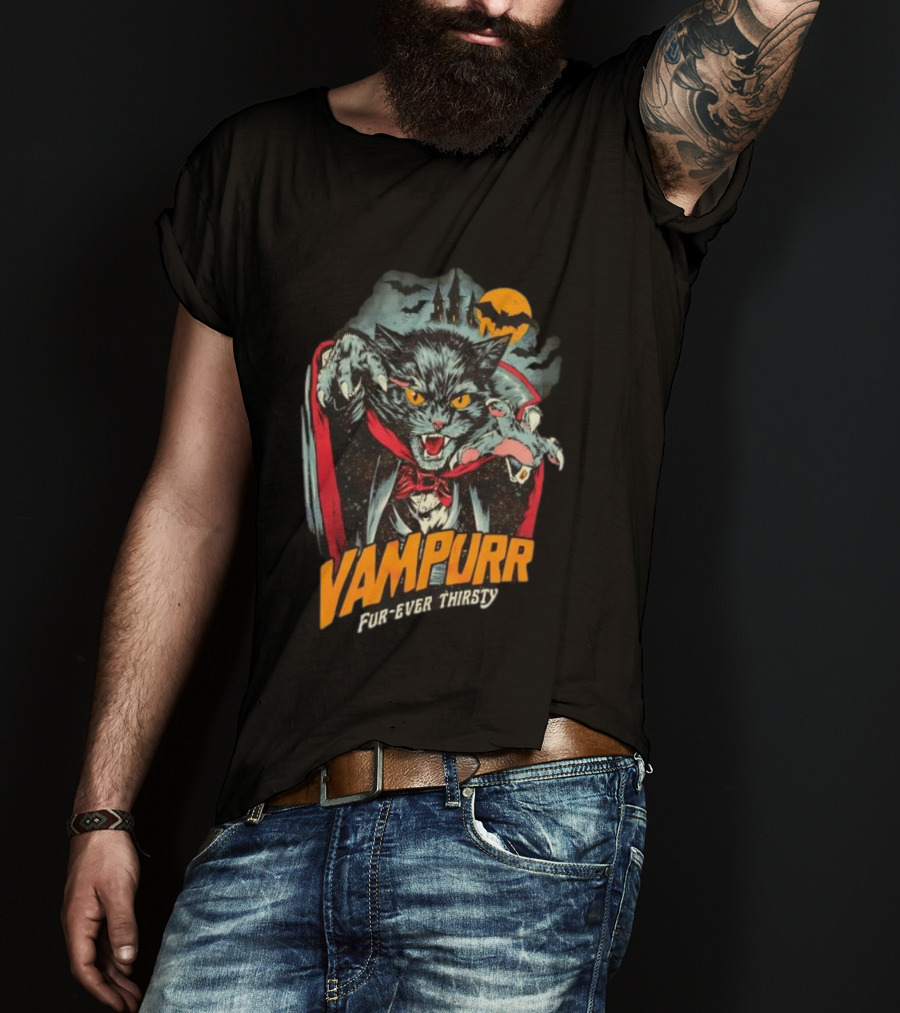 Vampurr Fur-Ever Thirsty Vampire Cat Halloween Moon Bats T-Shirt