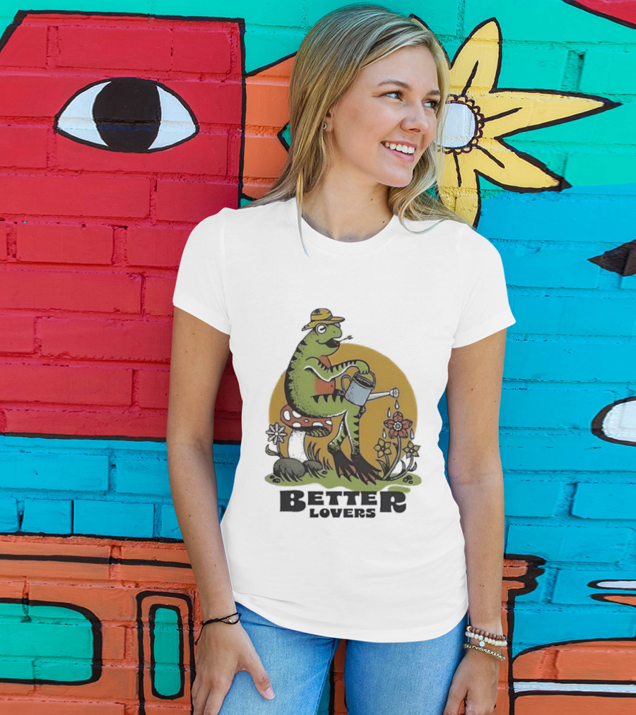 Frog On A Mushroom Watering Flowers Better Lovers Vintage Style T-Shirt