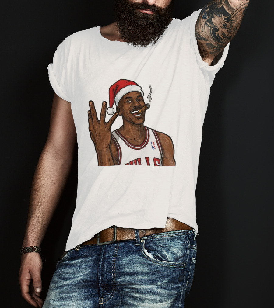 Michael Jordan Chicago Bulls Christmas Smoking Cigar Santa Hat T-Shirt