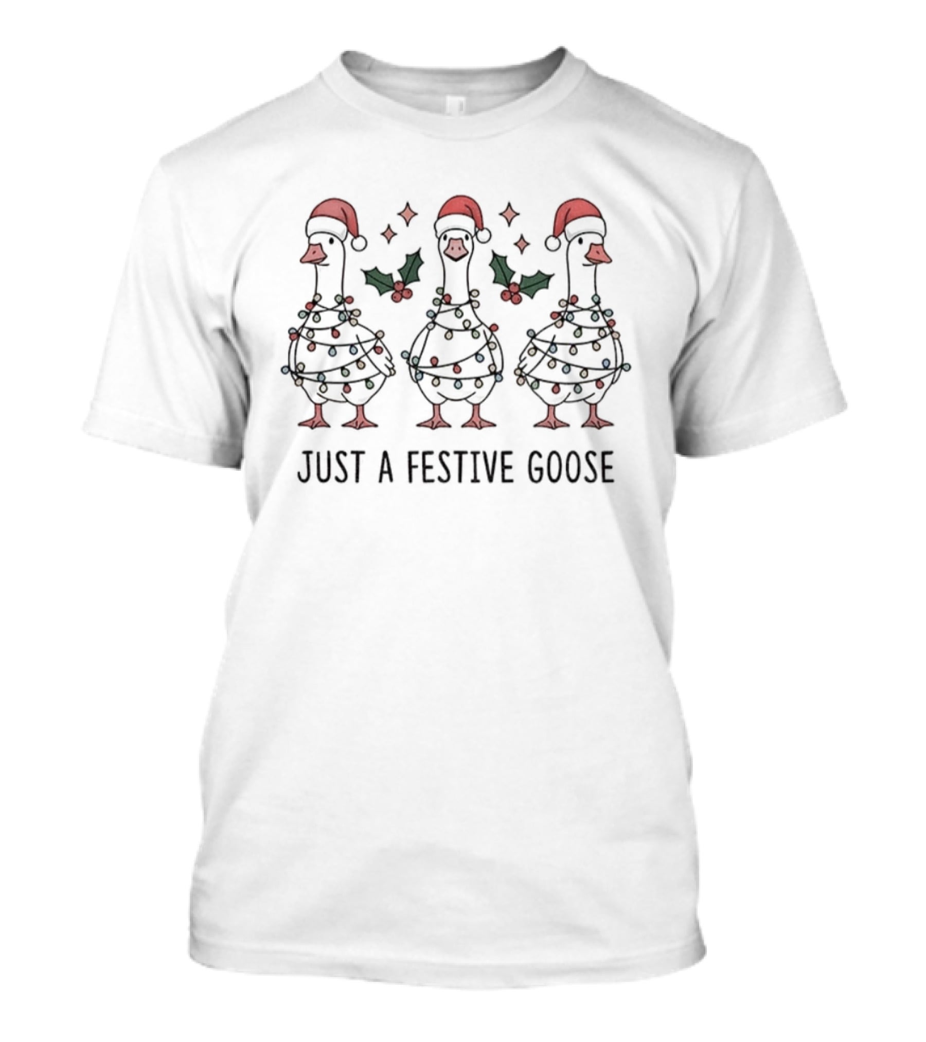 Festive Santa Hat Goose Wrapped In Christmas Lights Holiday Humor T-Shirt