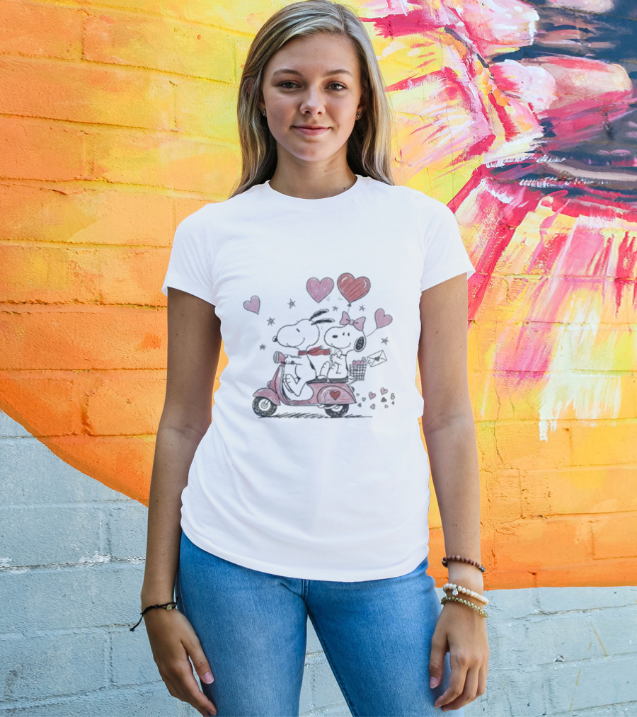 Snoopy Peanuts Valentine's Day Hearts Romantic Scooter Celebration T-Shirt