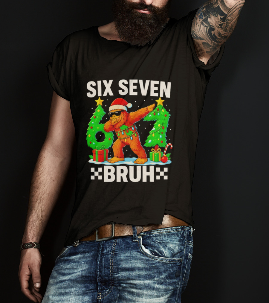 Six Seven Bigfoot Santa Dabbing Bruh Christmas Funny T-Shirt