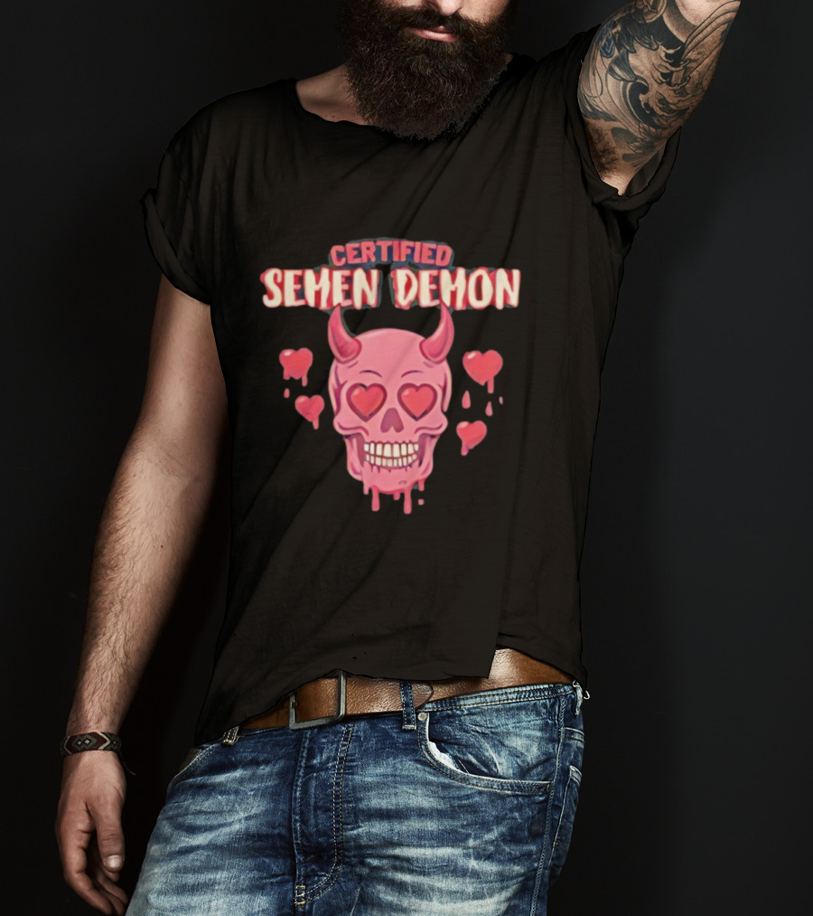 Certified Semen Demon Pink Skull With Heart Eyes And Horns T-Shirt