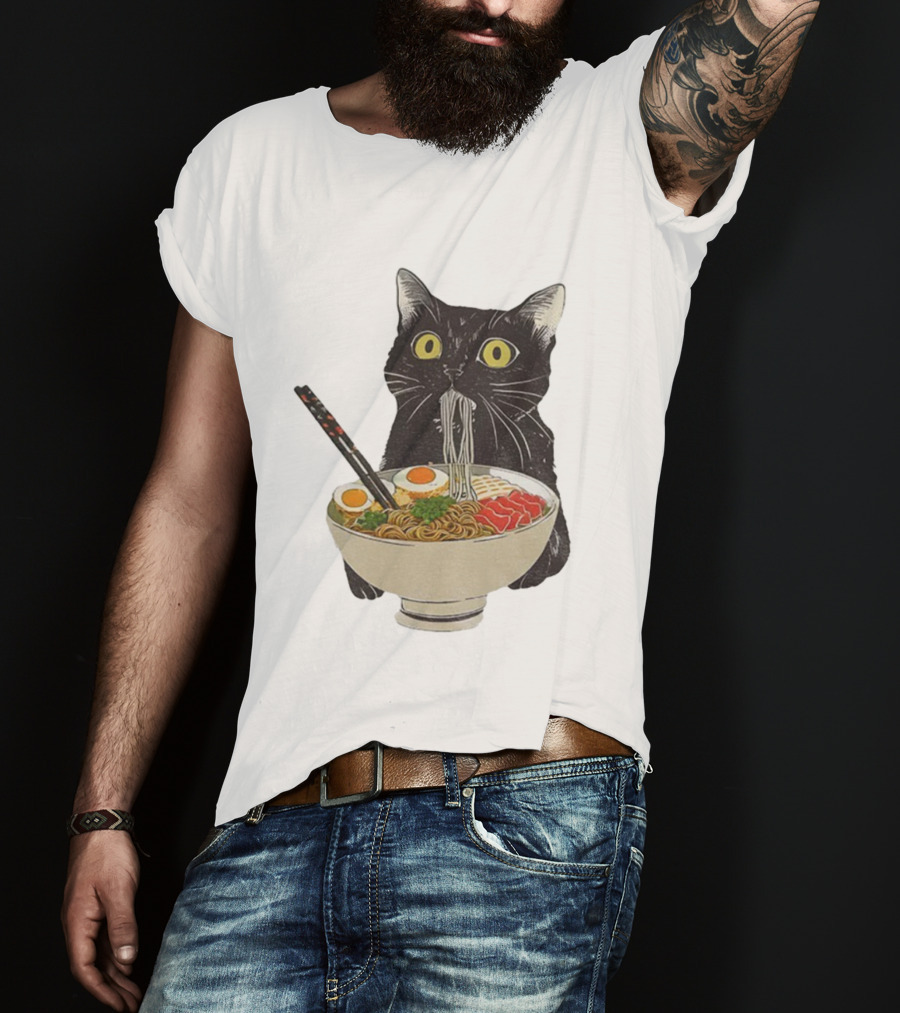 Black Cat Slurping Ramen With Chopsticks Japan Style T-Shirt