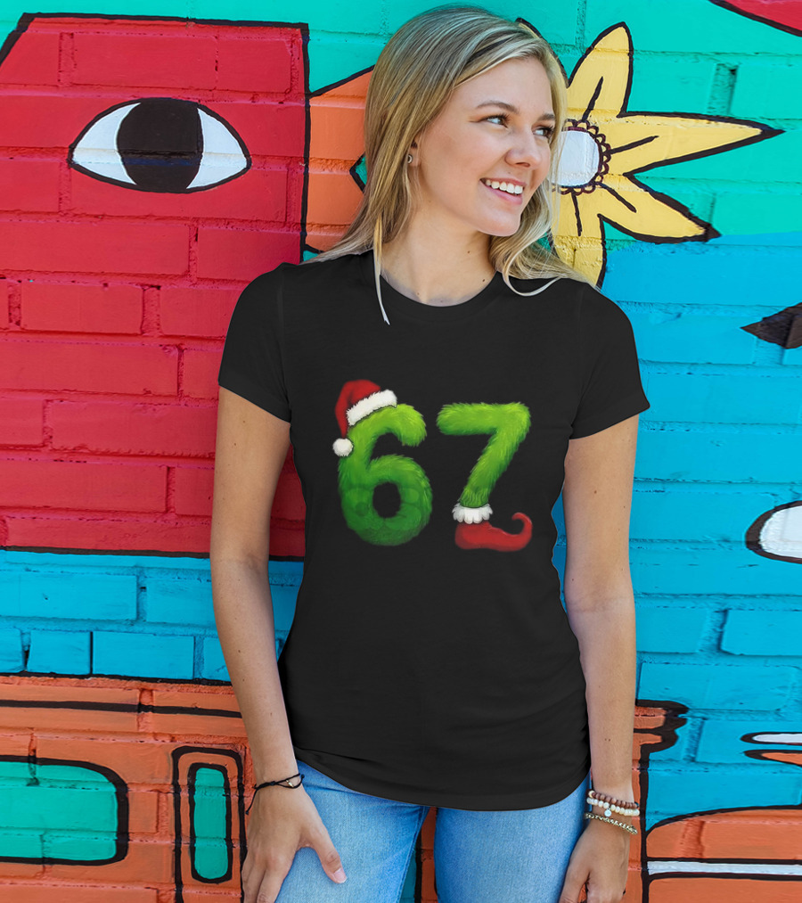 Gen Z Meme 67 Santa Hat Grinch Feet Christmas T-Shirt