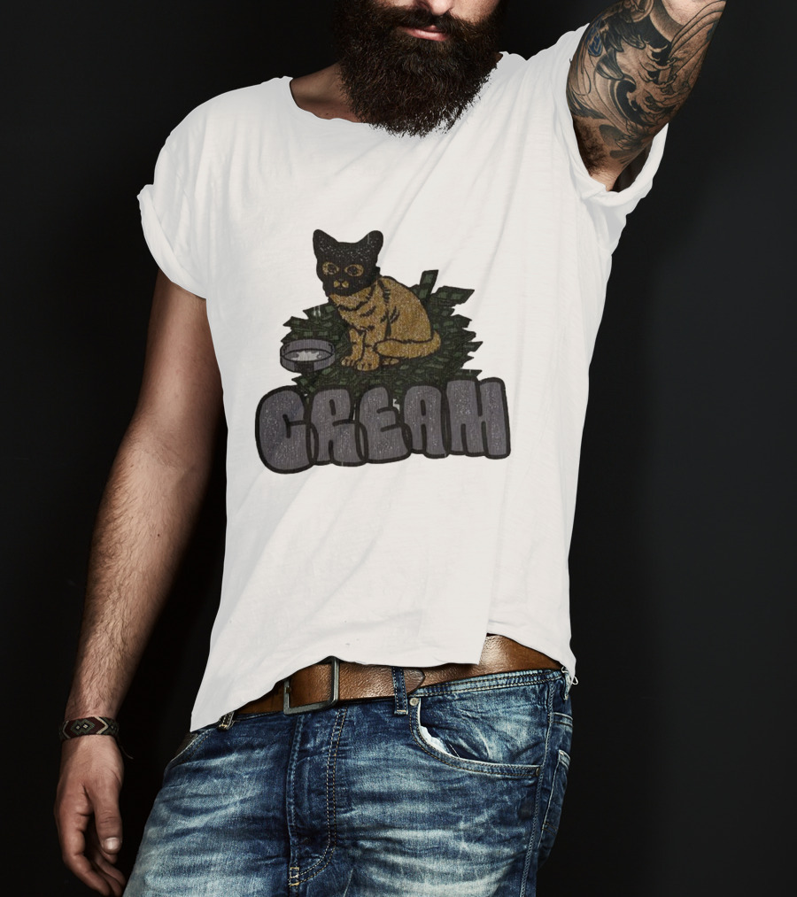 CREAM Cat Vintage Style With Bowl And Leafy Background T-Shirt