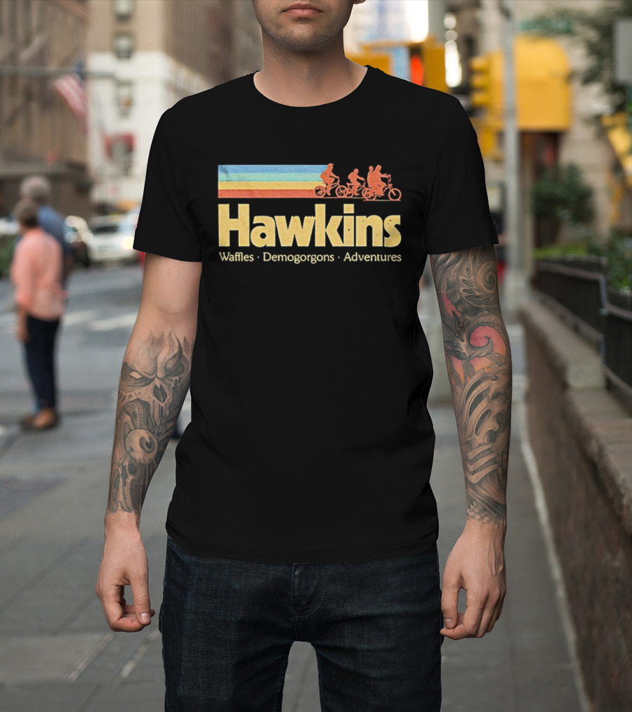 Hawkins Waffles Demogorgons Adventures Retro Stripe Bike Riders T-Shirt