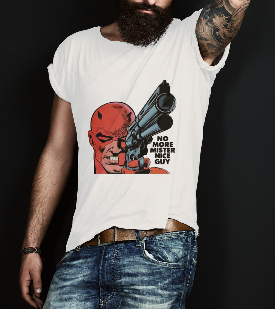 No More Mister Nice Guy Devil With Gun Retro Comic Style T-Shirt