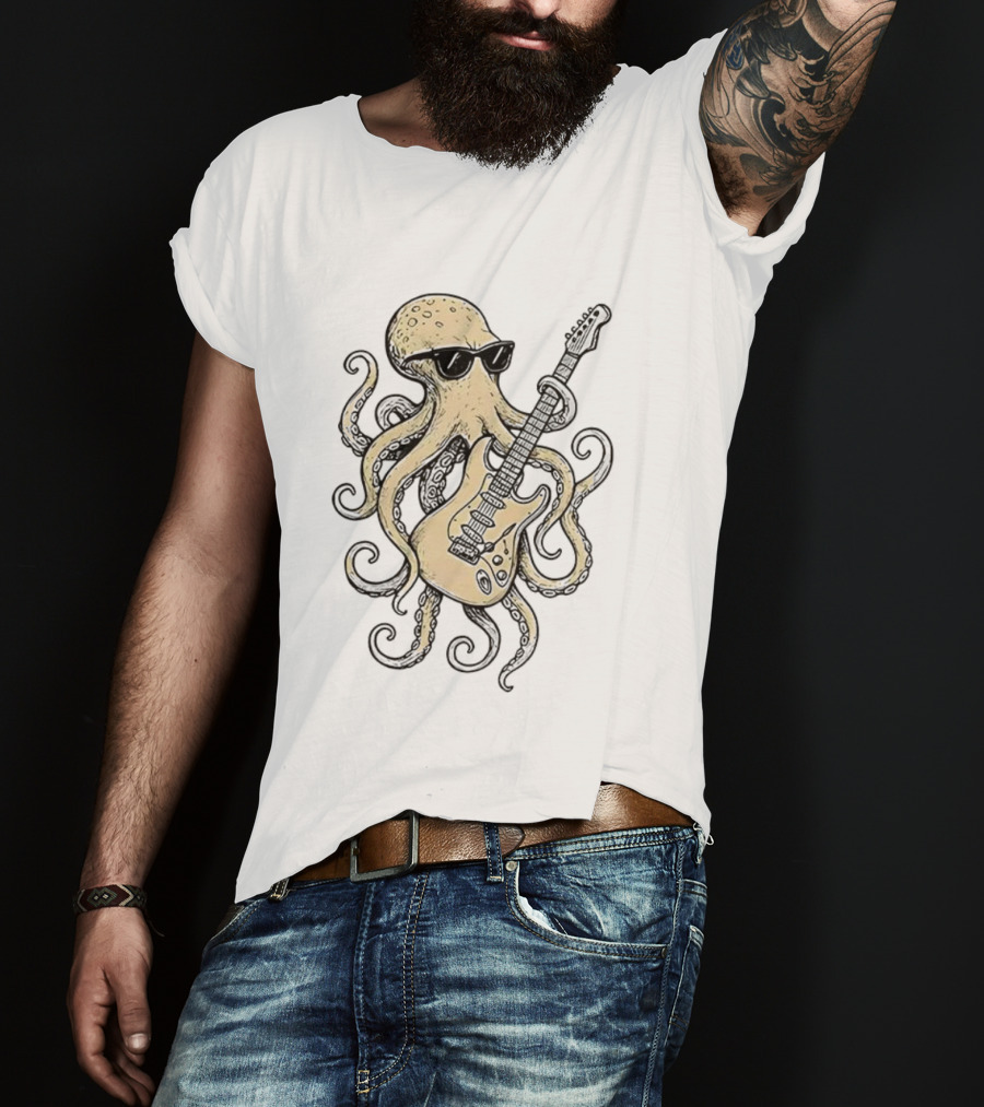 Cool Octopus With Guitar And Sunglasses Meme T-Shirt