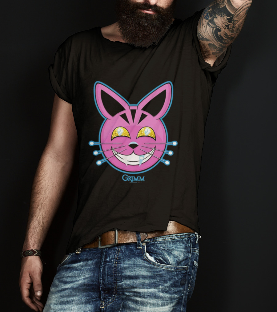 Grimm Retchid Kat Pink Cartoon Face With Yellow Eyes And Blue Whiskers T-Shirt