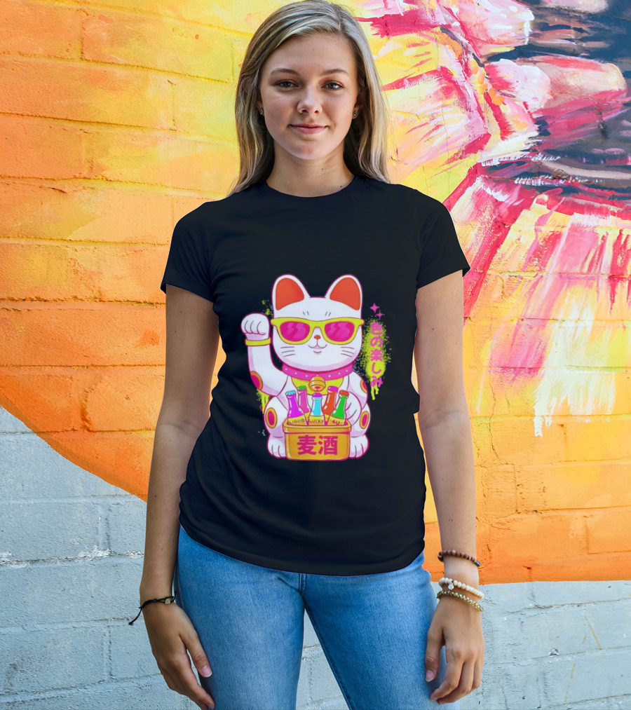 Lucky Maneki Neko With Sunglasses And Colorful Drinks T-Shirt