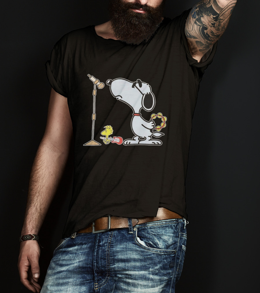 Oasis Snoopy And Woodstock Rock Band Peanuts Tambourine Guitar Microphone T-Shirt