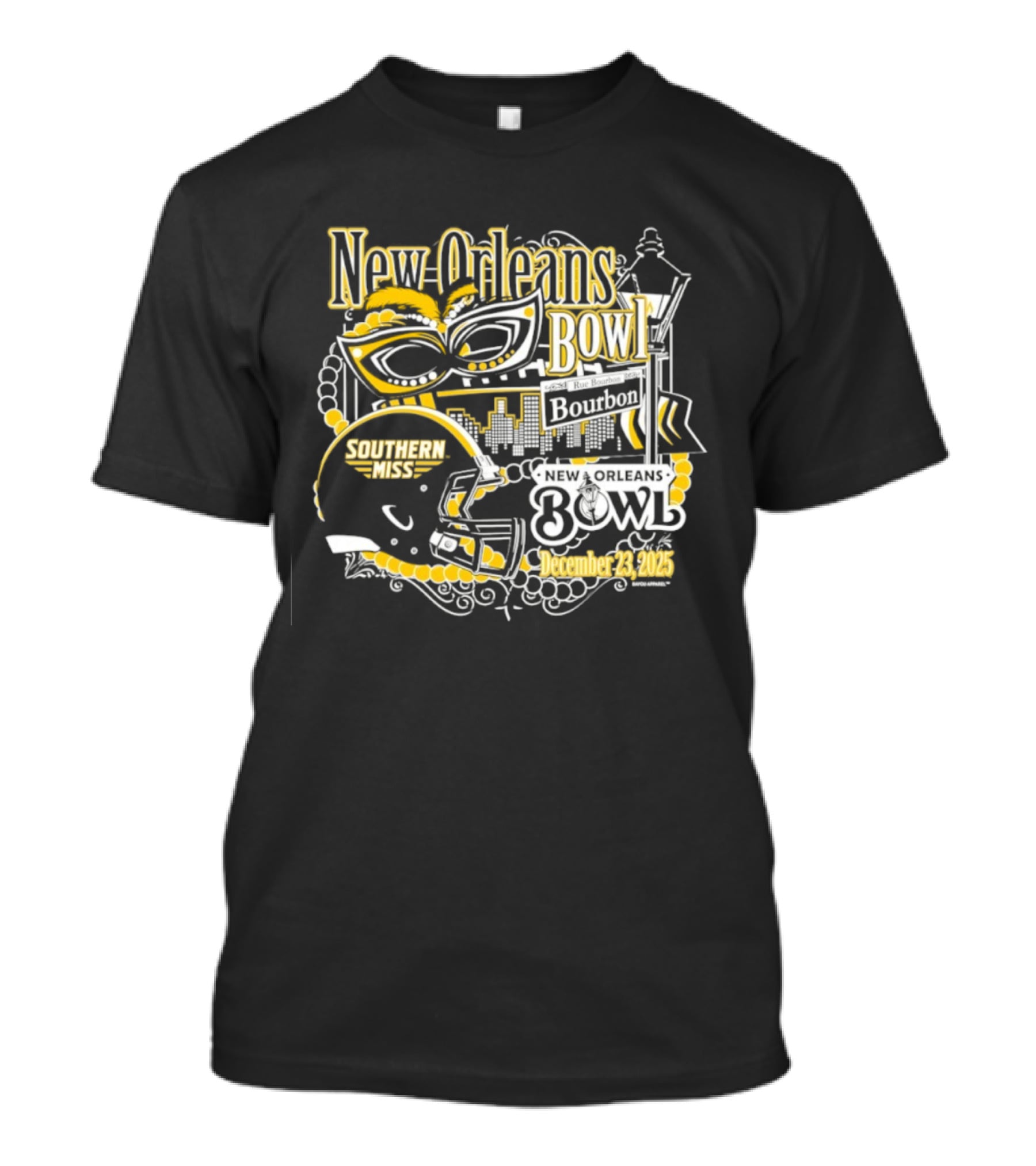 Southern Miss Golden Eagles New Orleans Bowl December 23 2025 Bourbon Street Helmet Mardi Gras Beads Skyline T-Shirt