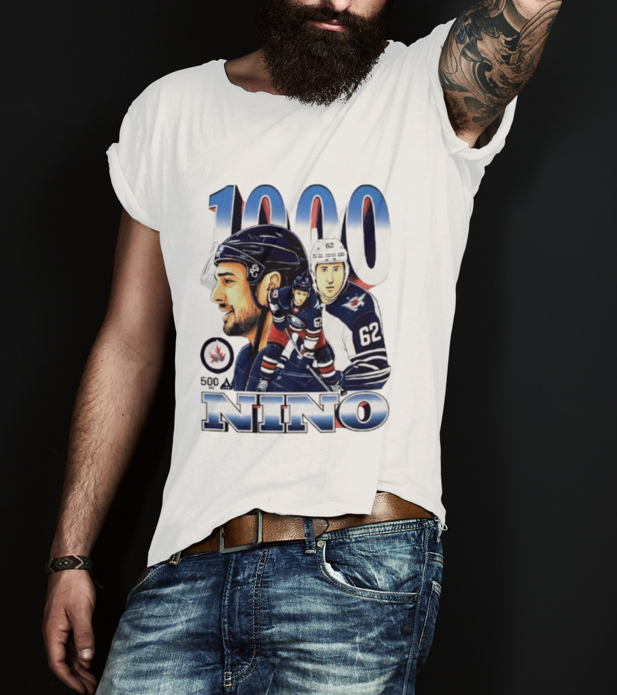 Nino 1000 Games Hockey Featuring Number 62 And Winnipeg Jets Colors T-Shirt