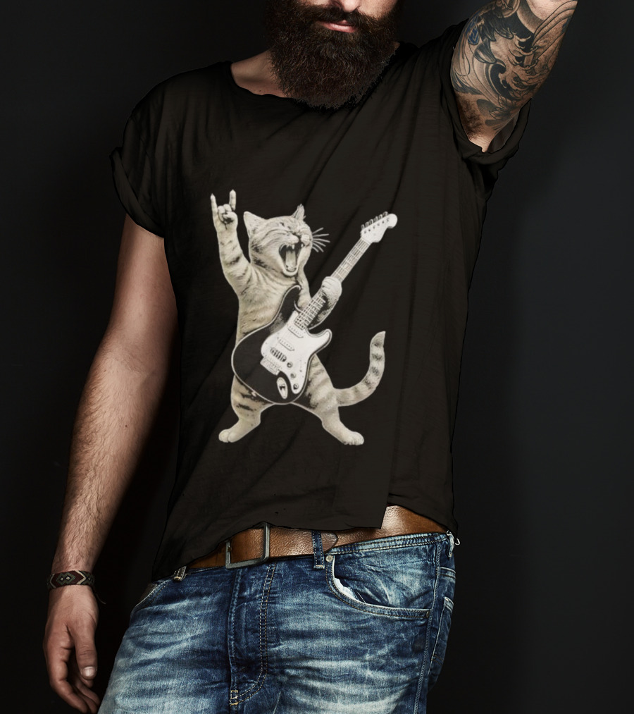 Funny Cat Playing Electric Guitar Rock And Roll Pose T-Shirt