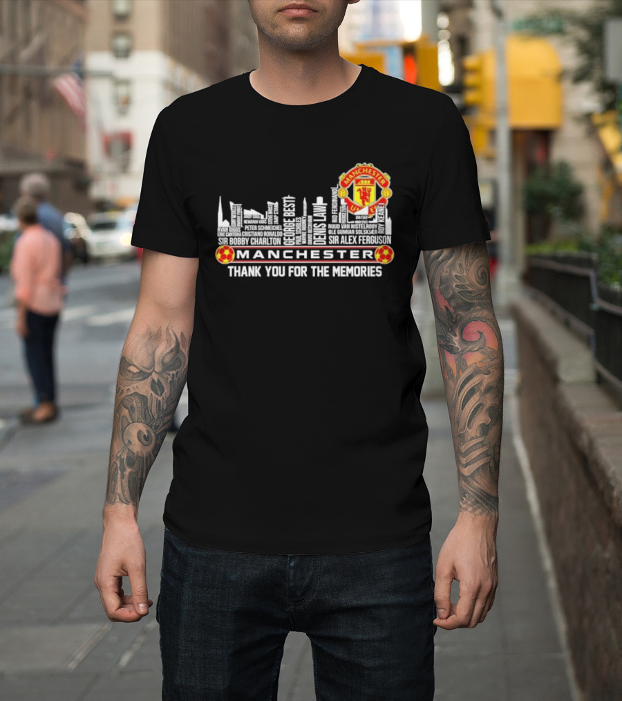 Manchester United Legends Beckham Rooney Sir Alex Ferguson Skyline Thank You For The Memories T-Shirt