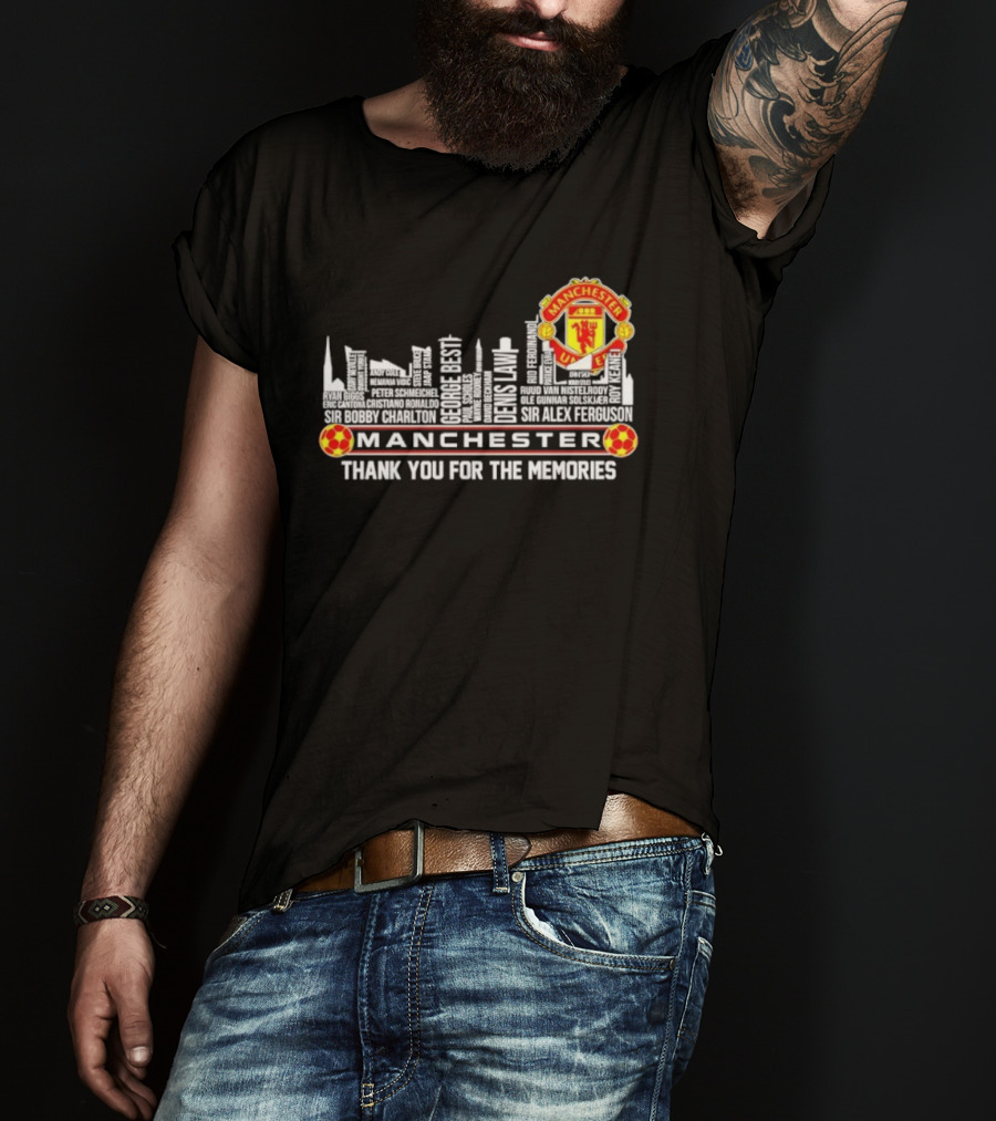 Manchester United Legends Beckham Rooney Sir Alex Ferguson Skyline Thank You For The Memories T-Shirt