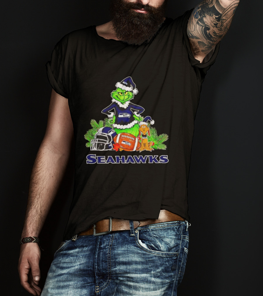 Grinch And Max With Seattle Seahawks Christmas Helmets And Football T-Shirt