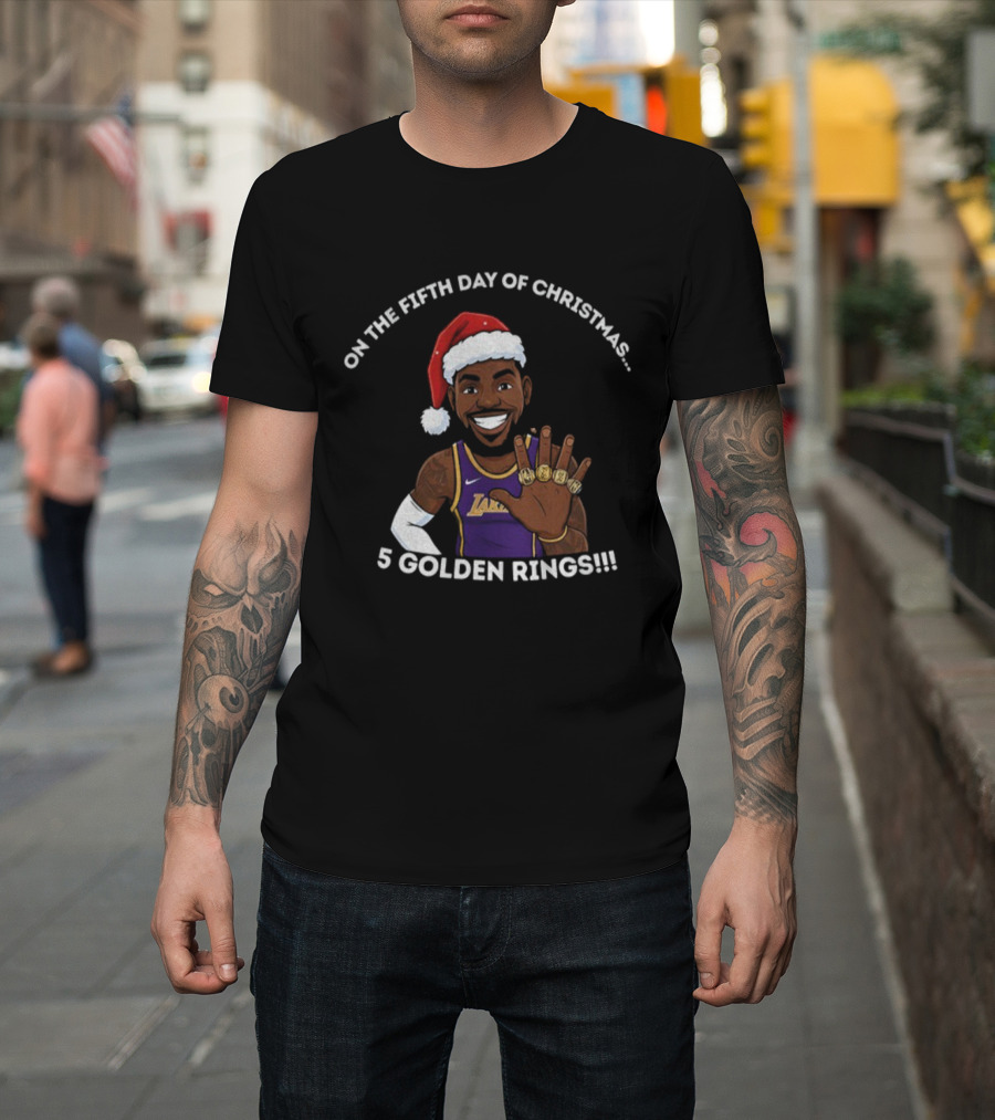 Lebron James Lakers Christmas Five Golden Rings Santa Hat T-Shirt