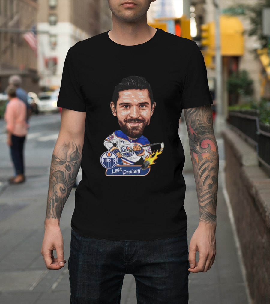 Edmonton Oilers Hockey Leon Draisaitl Caricature Flames Stick T-Shirt