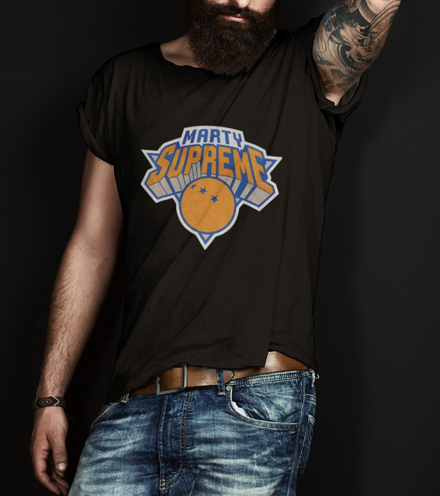 Marty Supreme New York Knicks Inspired Graphics Orange Blue Basketball T-Shirt
